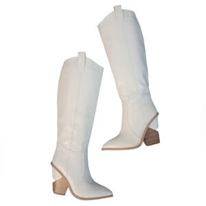 White Knee High Western Boots Cut Out Heel Tall Croc Embossed Cowboy Boots